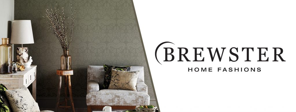 On the left, a living room with the Brewster Home Fashions logo on the right.
