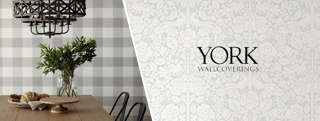On the left, a dining room with the York Wallcoverings logo on the right.