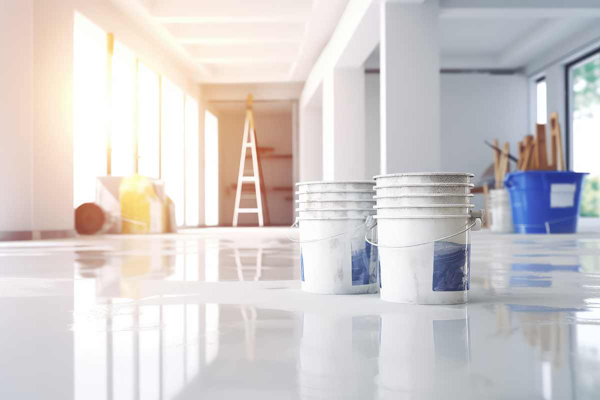 White paint buckets sitting on the floor of a room with a freshly painted interior
