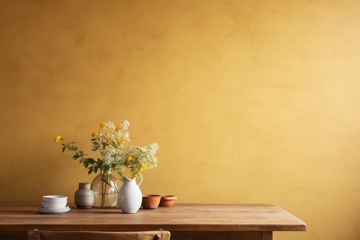 Dining room with a wood table and wall with textured yellow paint