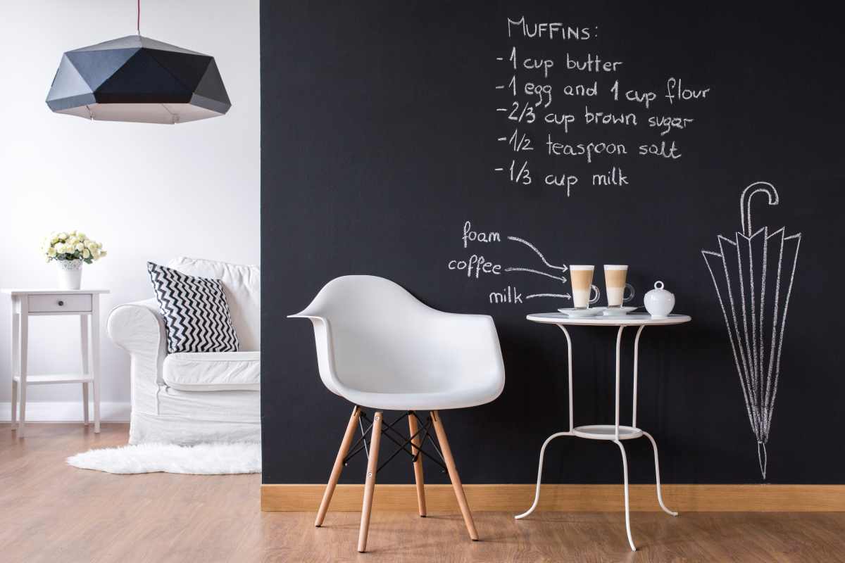 Home with a wall painted with black chalkboard paint with a few simple chalk drawings